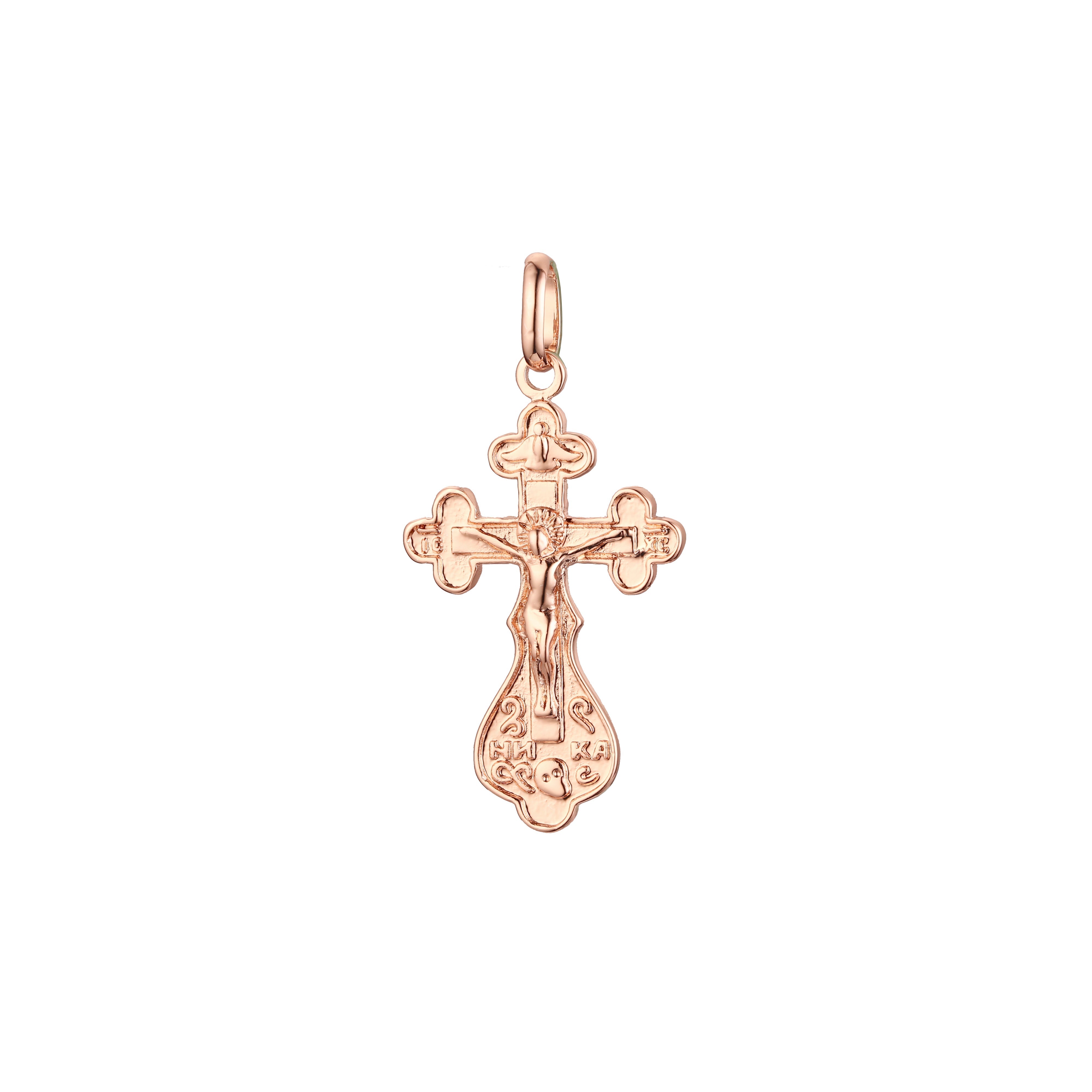 Colgante con cruz ortodoxa en colores chapados en oro de 14 quilates, oro rosa y oro blanco.