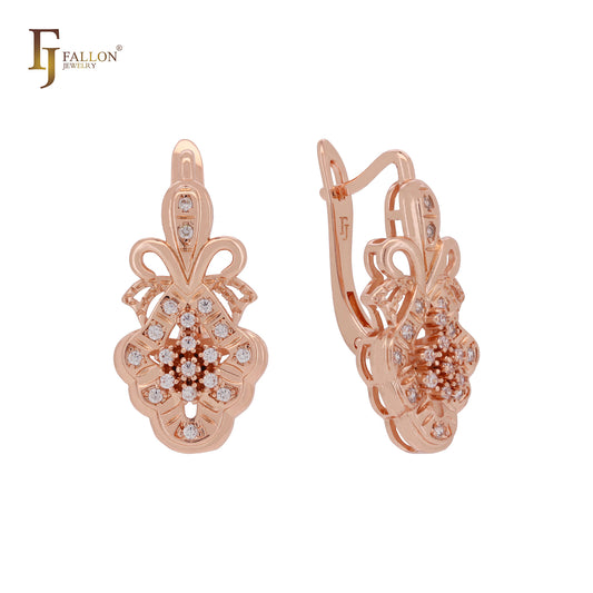 Pendientes de oro de 14 quilates, oro rosa y oro blanco con circonitas blancas en racimo de piña.