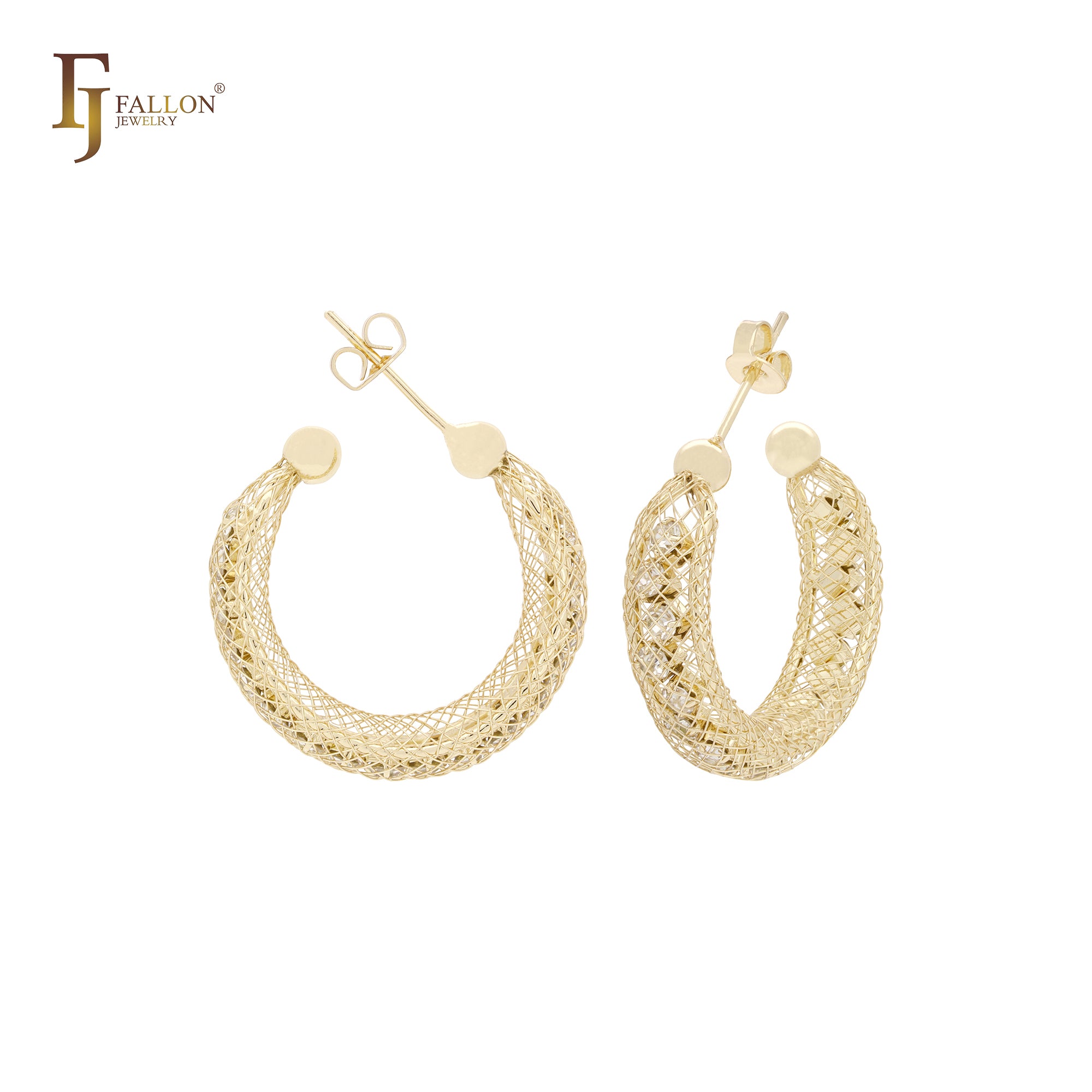 Geometric Net mesh Cluster CZs 14K Gold, Rose Gold stud earrings
