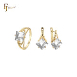 Anéis solitários de pedra lapidada em esmeralda ouro 14K, conjunto de joias em ouro branco