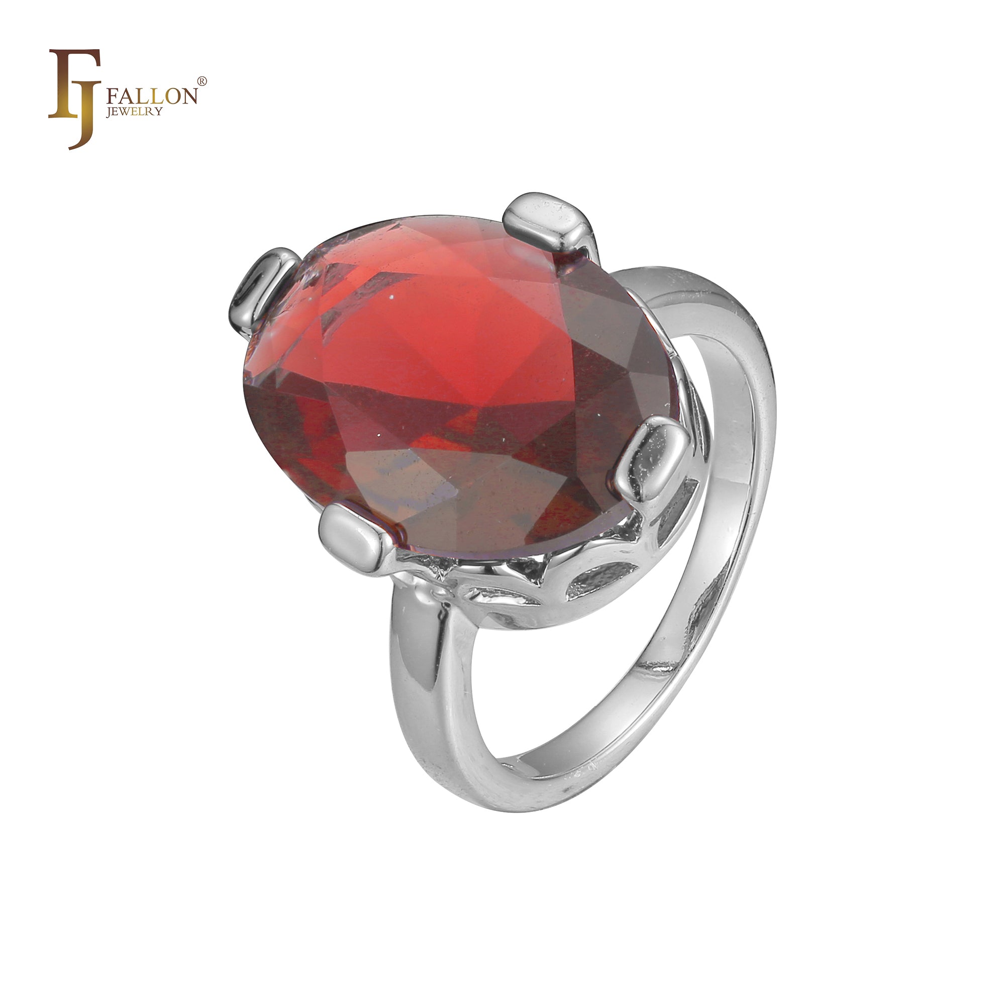 Silver Oval Solitaire Ring with Red CZ – FJ Jewelry