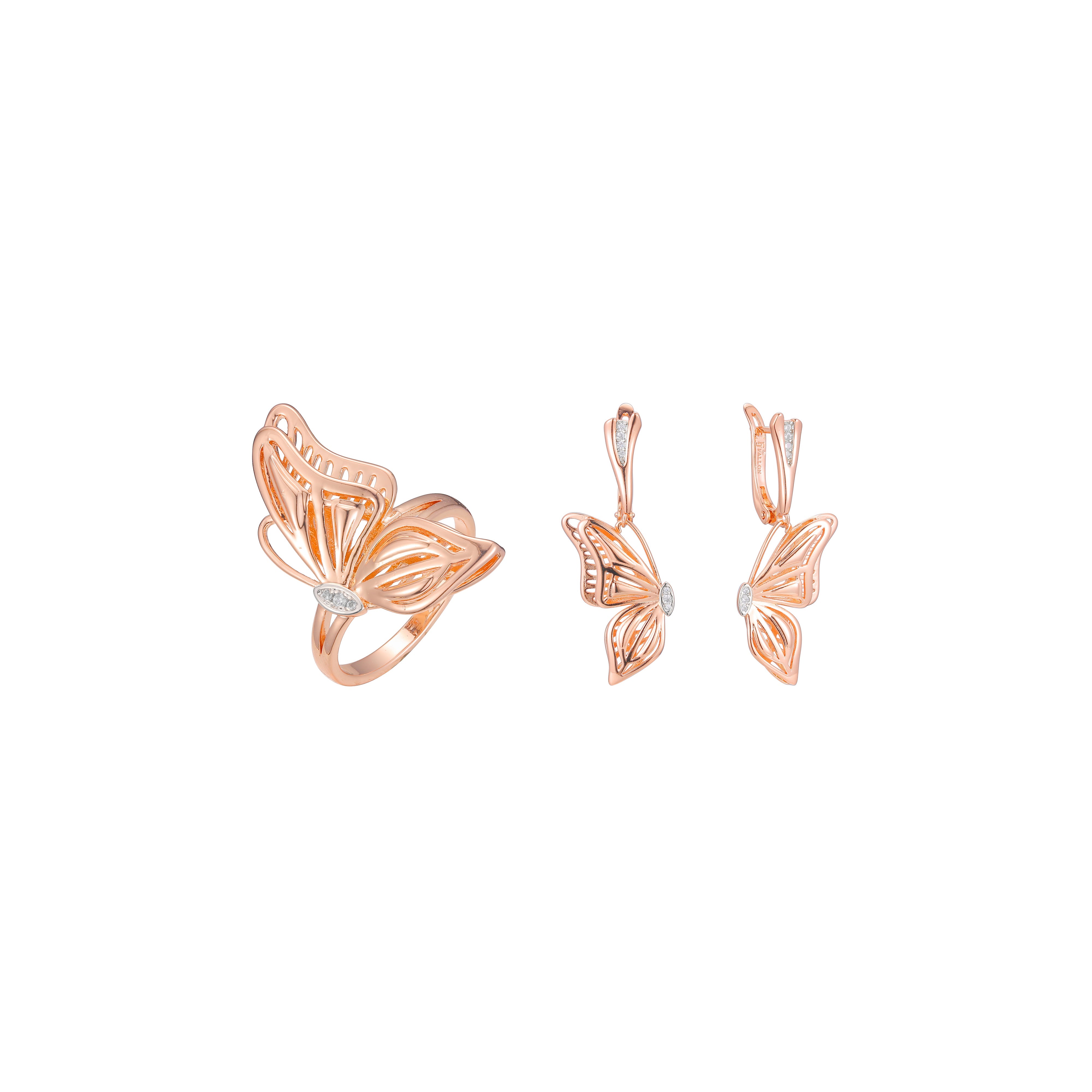 Luxuoso e elegante conjunto de grandes borboletas com anéis em ouro rosa, duas cores de revestimento