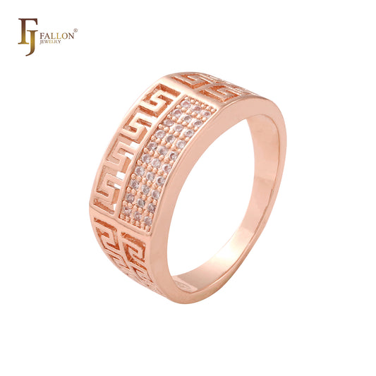 Conjunto de meandros chave grega CZs brancas em ouro 14K, anéis de ouro rosa