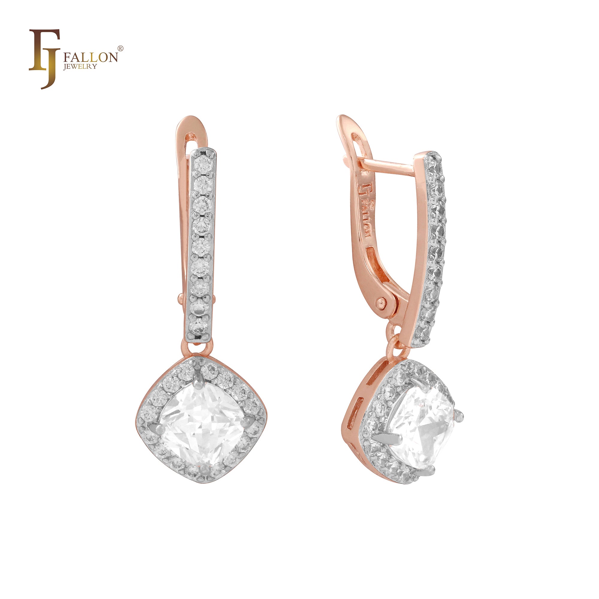 Pendientes de oro rosa y solitario con circonitas blancas y halo en racimo