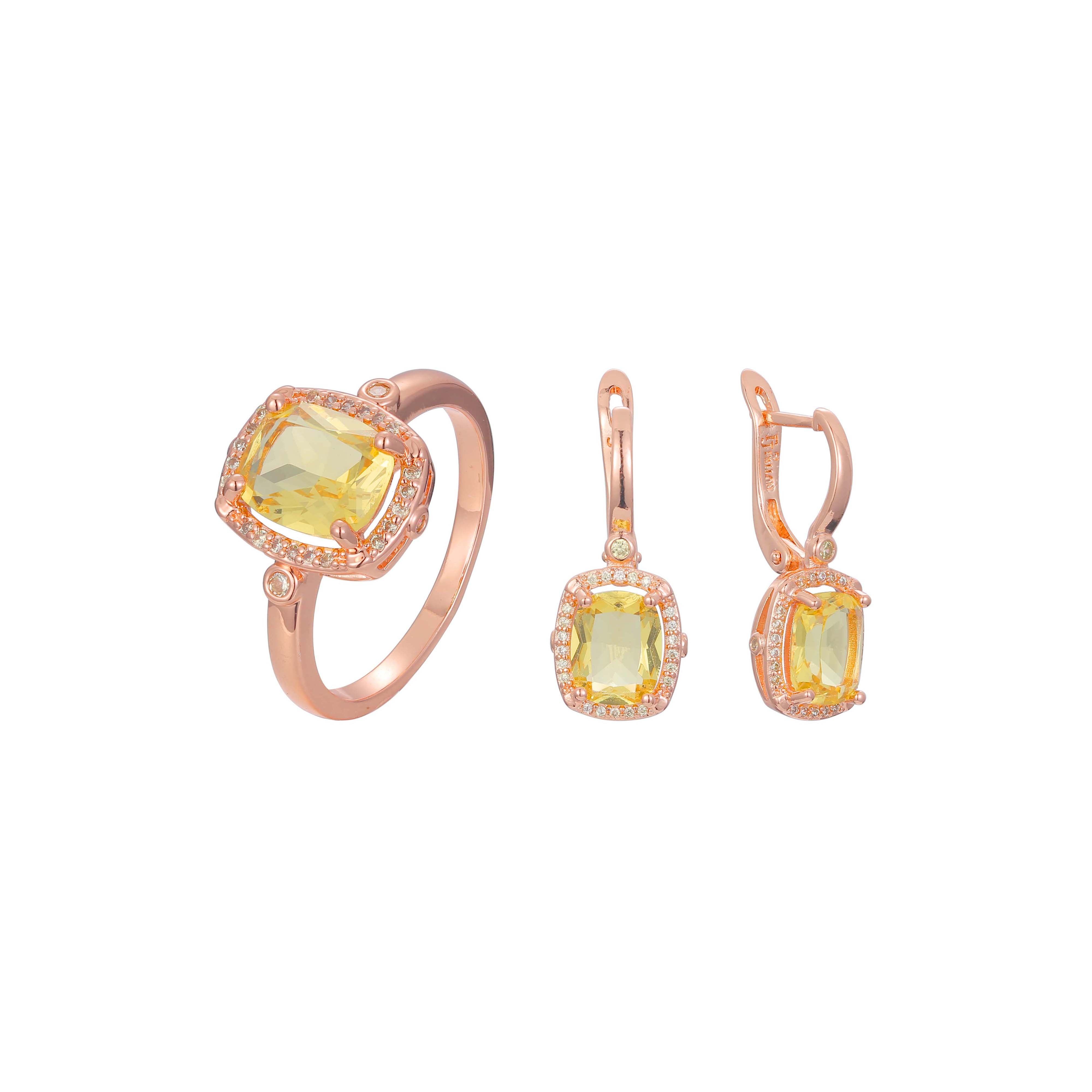 Conjunto de joias de anéis de pedra cortadas em esmeralda Halo banhados em ouro rosa