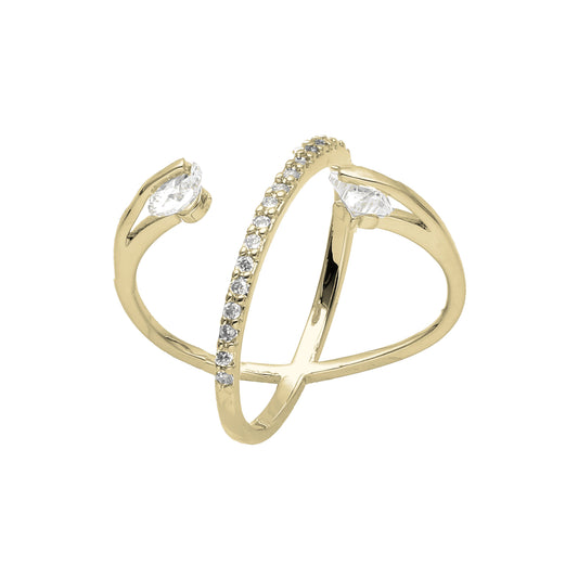 Anillo de oro de 14 quilates con solitario cruzado y circonitas blancas pavimentadas