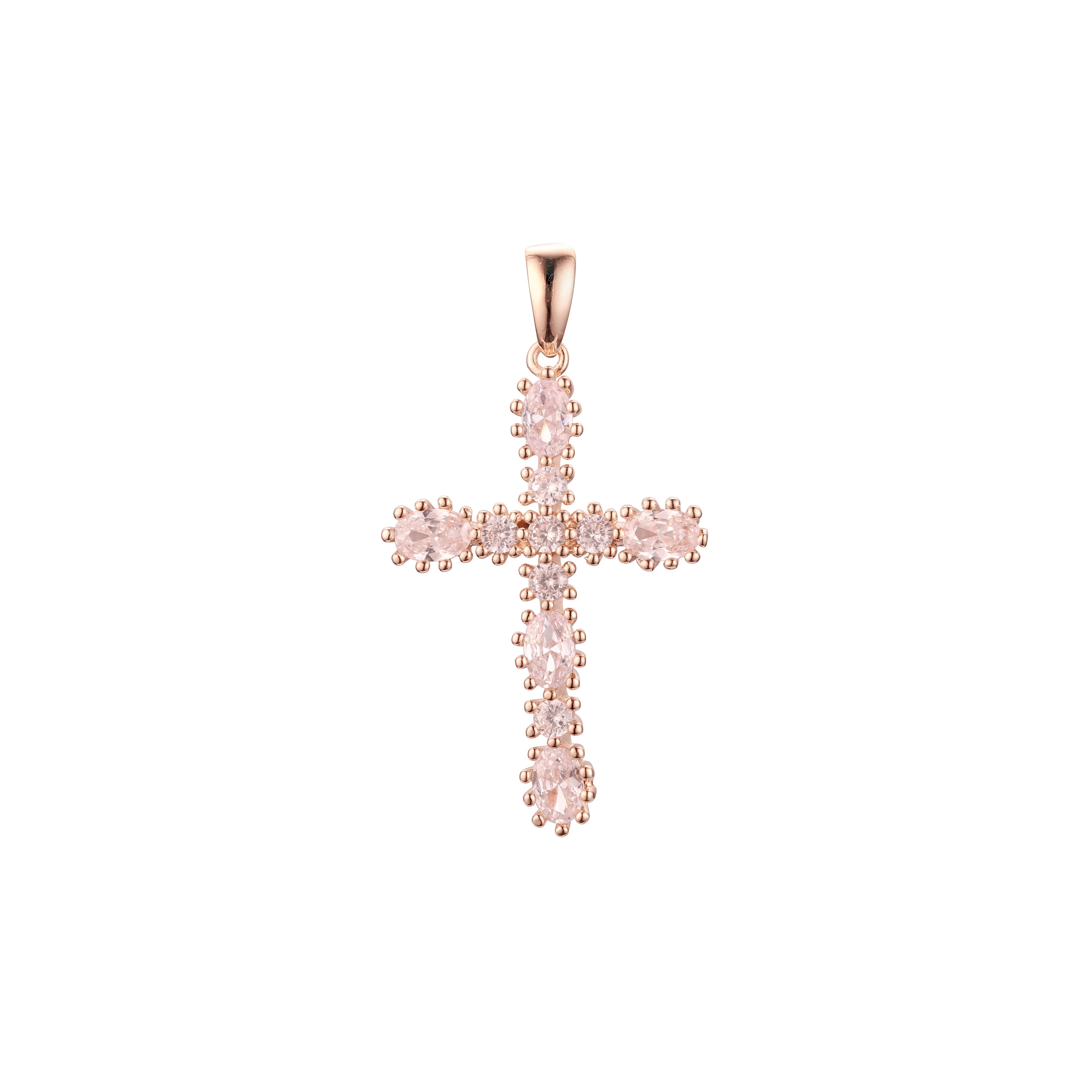 Big Radiant Cut Cluster white CZs Rose Gold, 14K Gold Latin Cross Pendant