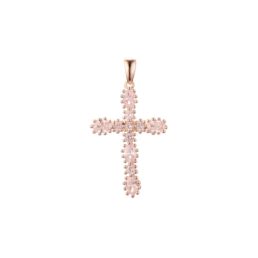 Big Radiant Cut Cluster white CZs Rose Gold, 14K Gold Latin Cross Pendant