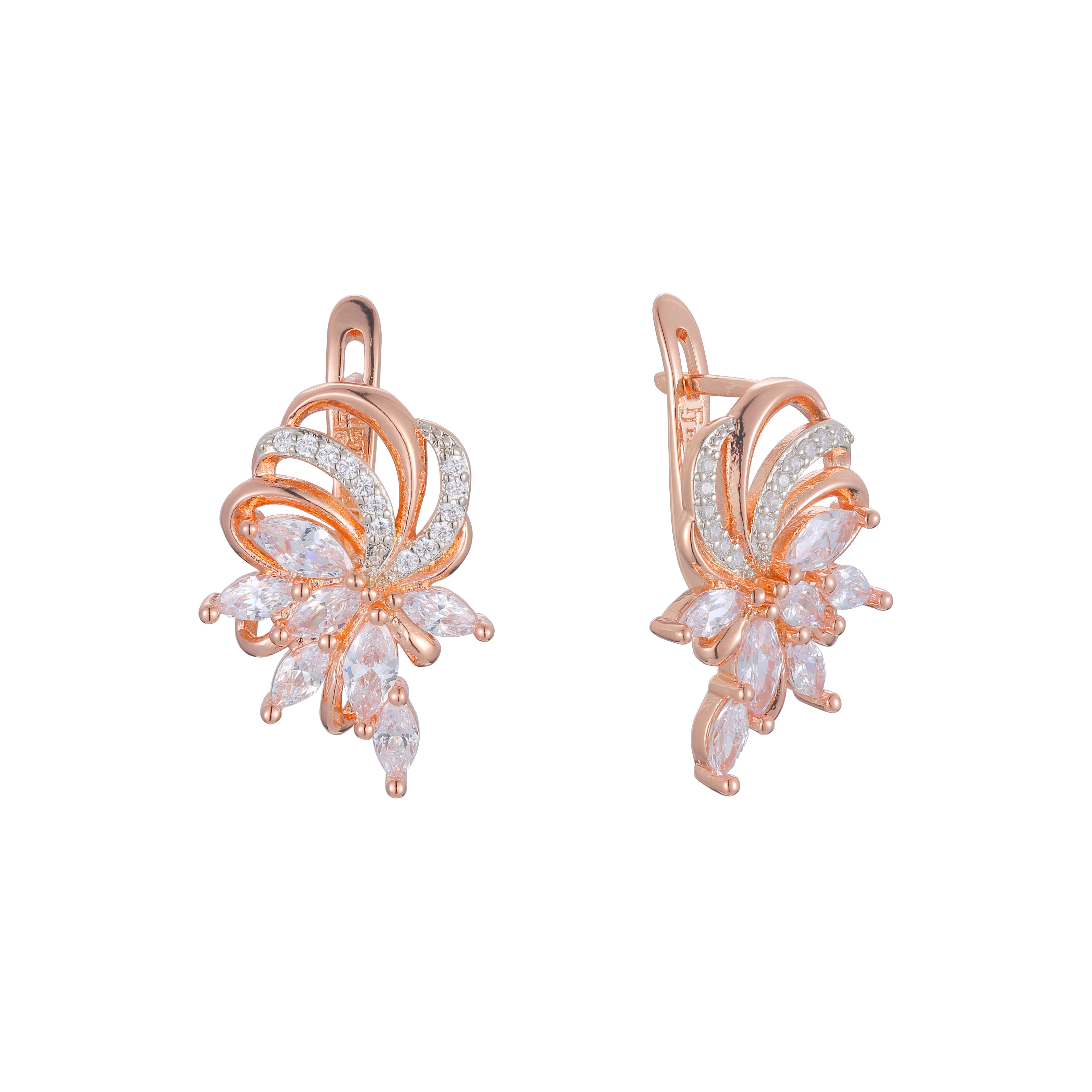 Luxuoso aglomerado de flores cintilantes ouro 14K, ouro rosa, brincos de dois tons