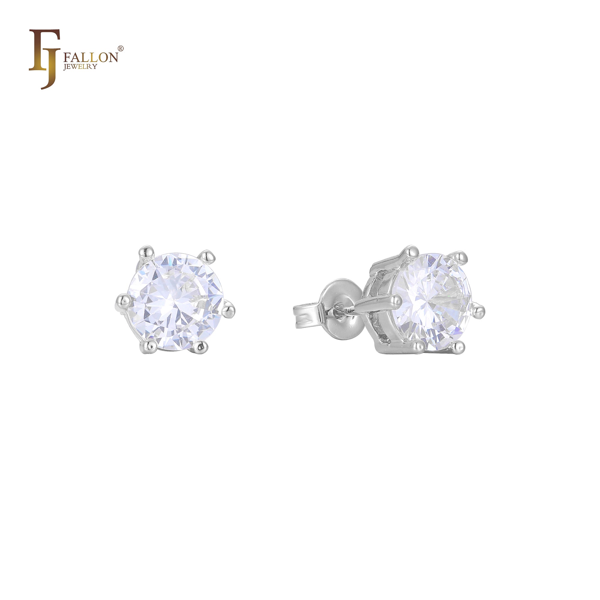 Solitaire 6 claws white cz 14K Gold Stud Earrings
