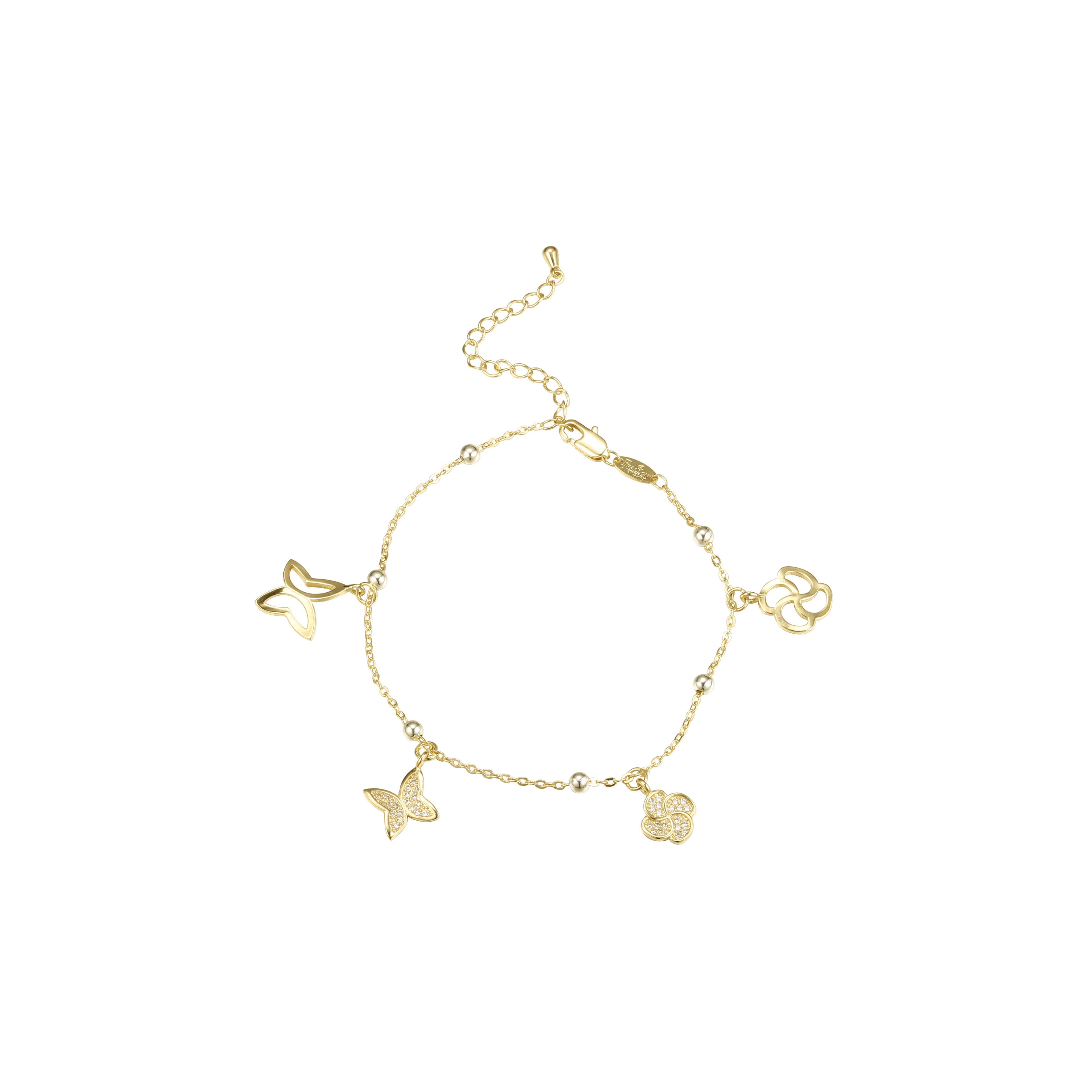 14K 金镀金四叶草、蝴蝶、星星和花朵手链，两种色调