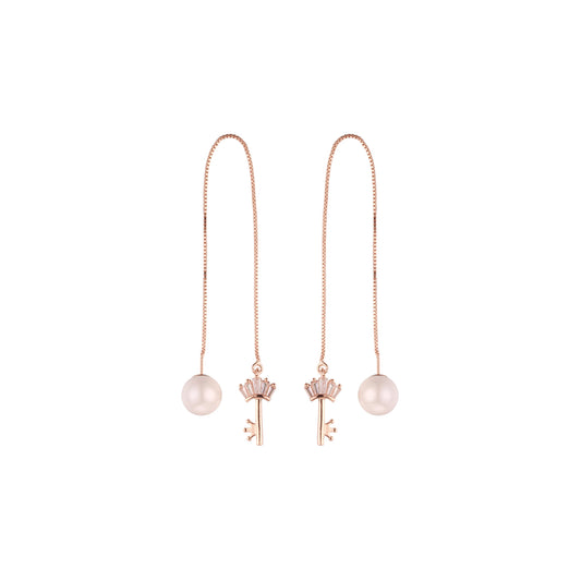 Rose Gold threader pearl earrings with key