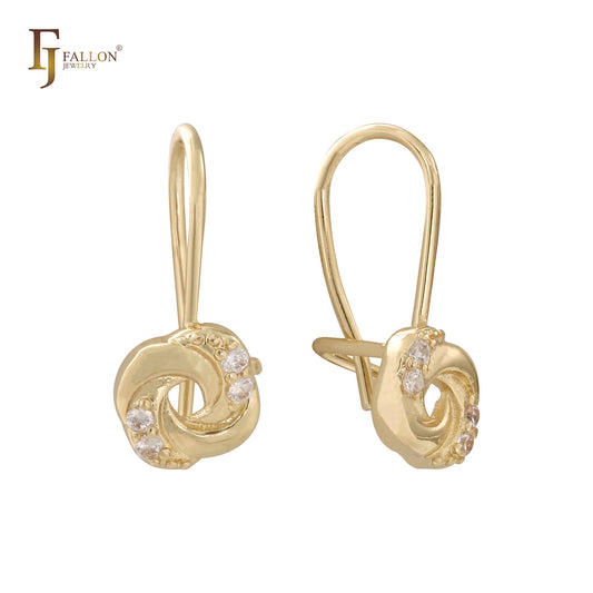 Gancho de arame CZs branco pavimentado Vortex em ouro 14K, ouro rosa em dois tons, brincos infantis em ouro branco