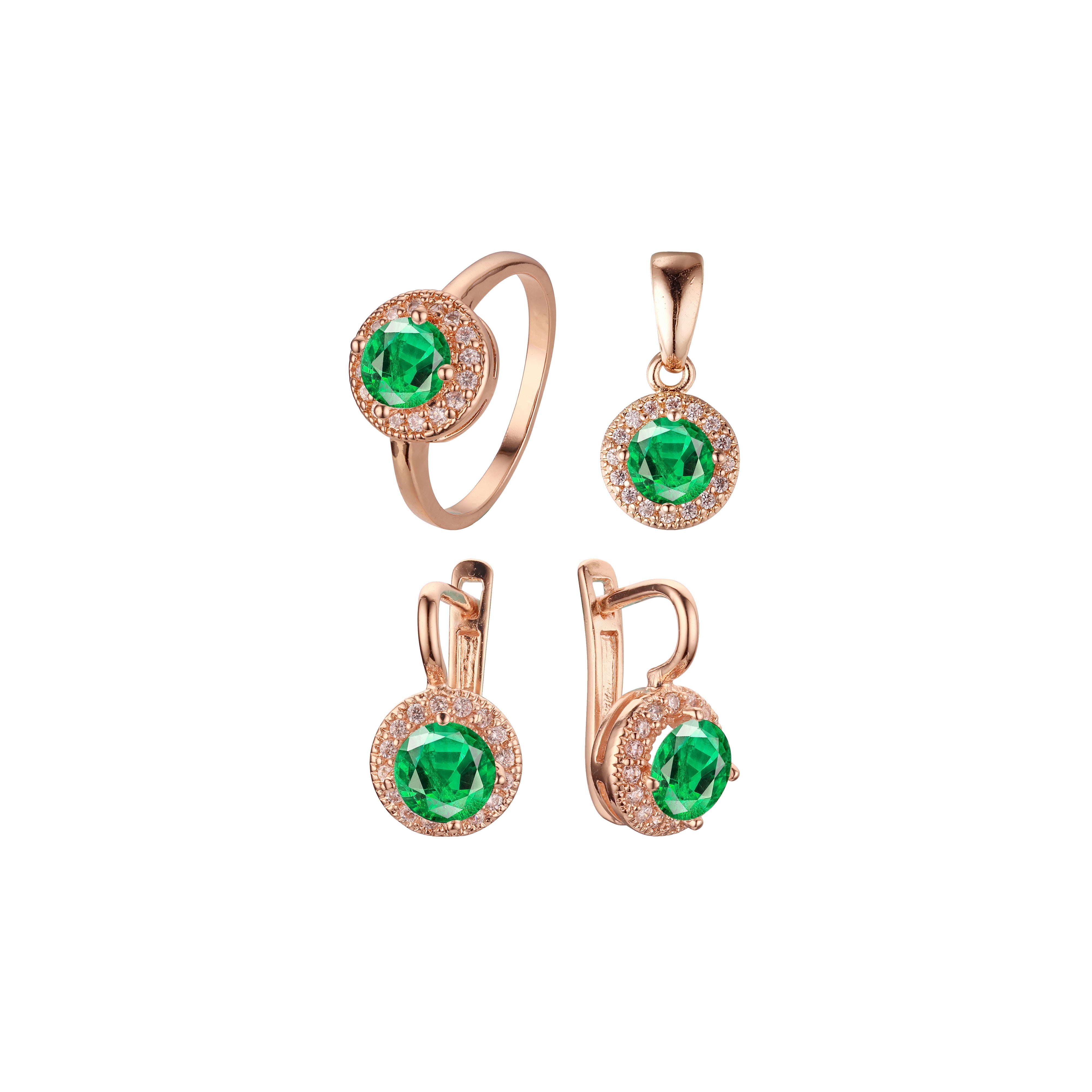 .Rosa's Halo - Big round colorful halo cz Rose Gold plated rings and pendant jewelry set