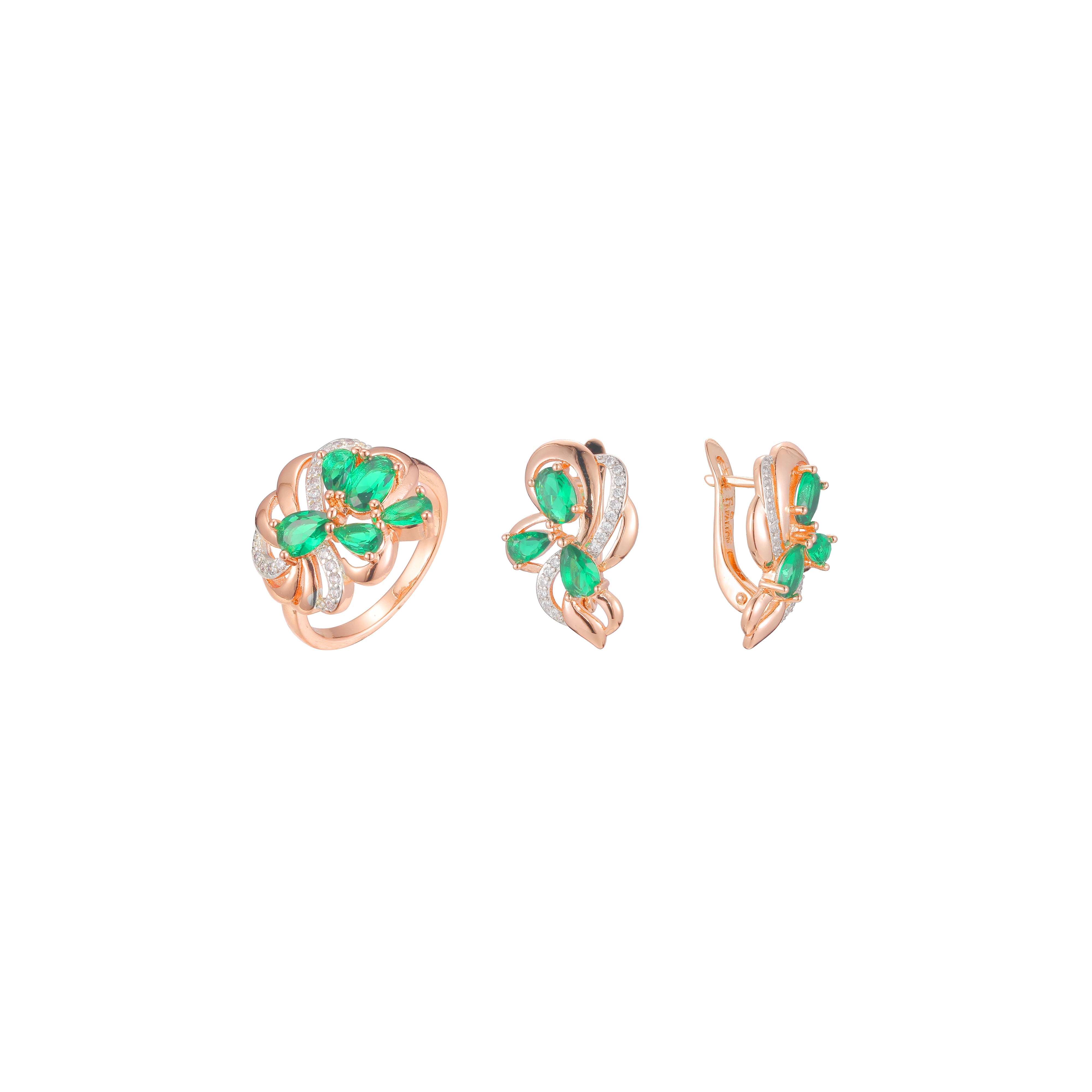 Conjunto luxuoso elegante de flor esmeralda de dois tons em ouro rosa