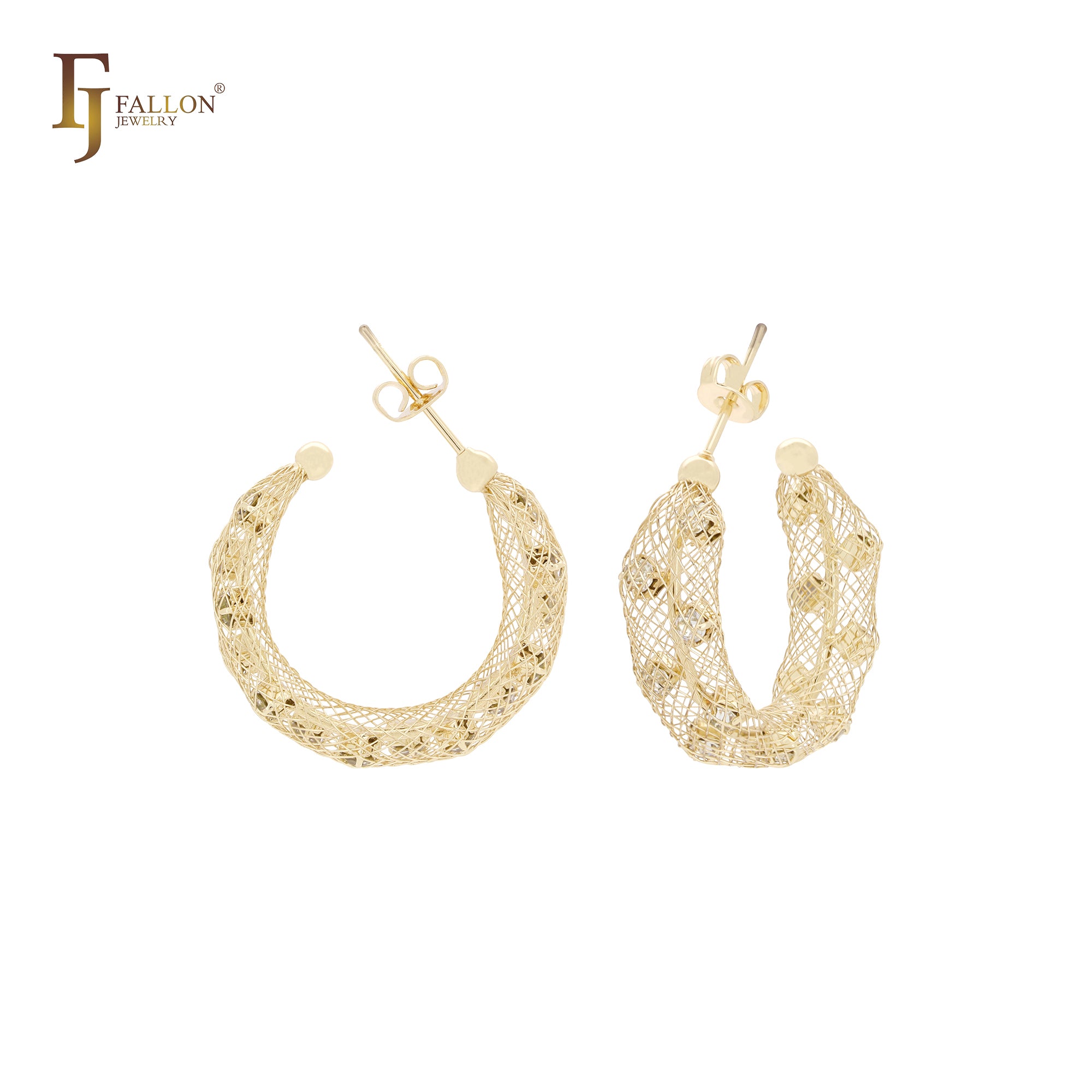 Geometric Net mesh Cluster CZs 14K Gold, Rose Gold stud earrings
