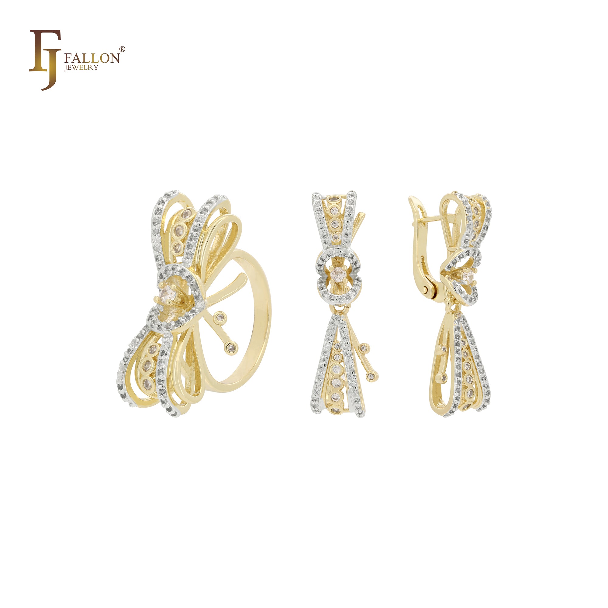 Conjunto de joias de dois tons em ouro 14K branco CZs torcidos com anéis