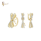 Conjunto de joias de dois tons em ouro 14K branco CZs torcidos com anéis