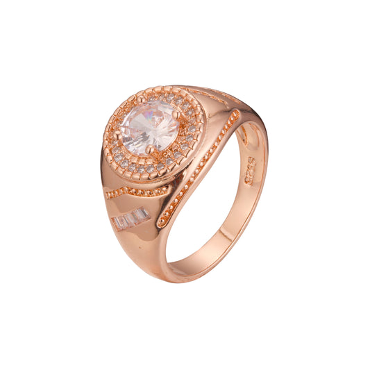 Anéis solitários masculinos redondos com sinete redondo branco cúbico CZ Rose Gold