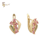 Pendientes con circonitas cúbicas de colores en racimo mixto de oro de 14 quilates, oro rosa y oro blanco.