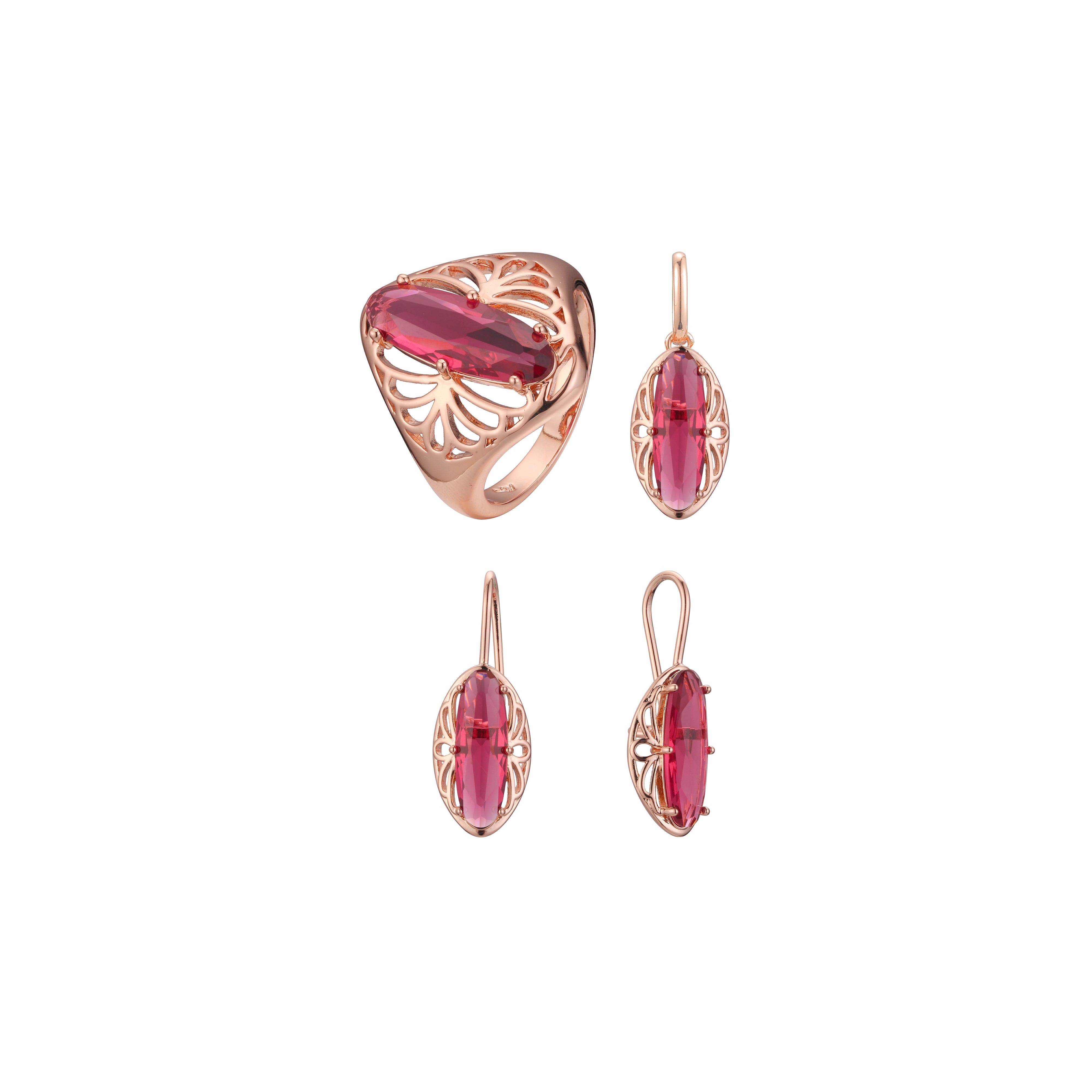 Conjunto de anéis solitários ovais de pedra vermelha e pingente banhado em ouro rosa