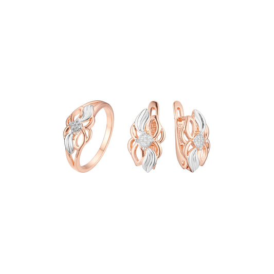 Conjunto de racimo de dos tonos de oro rosa con hojas plateadas