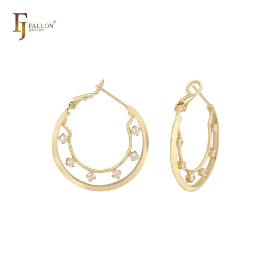 Cluster White CZs dotted 14K Gold Hoop earrings