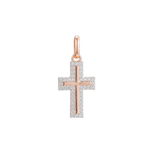 Pingente de cruz latina em ouro rosa de dois tons, cores banhadas a ouro 14K