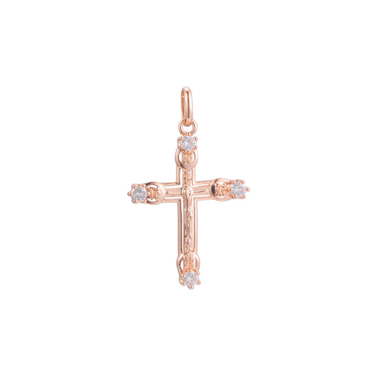 ローズゴールドと 14K ゴールドメッキカラーのカトリッククロスつぼみペンダント