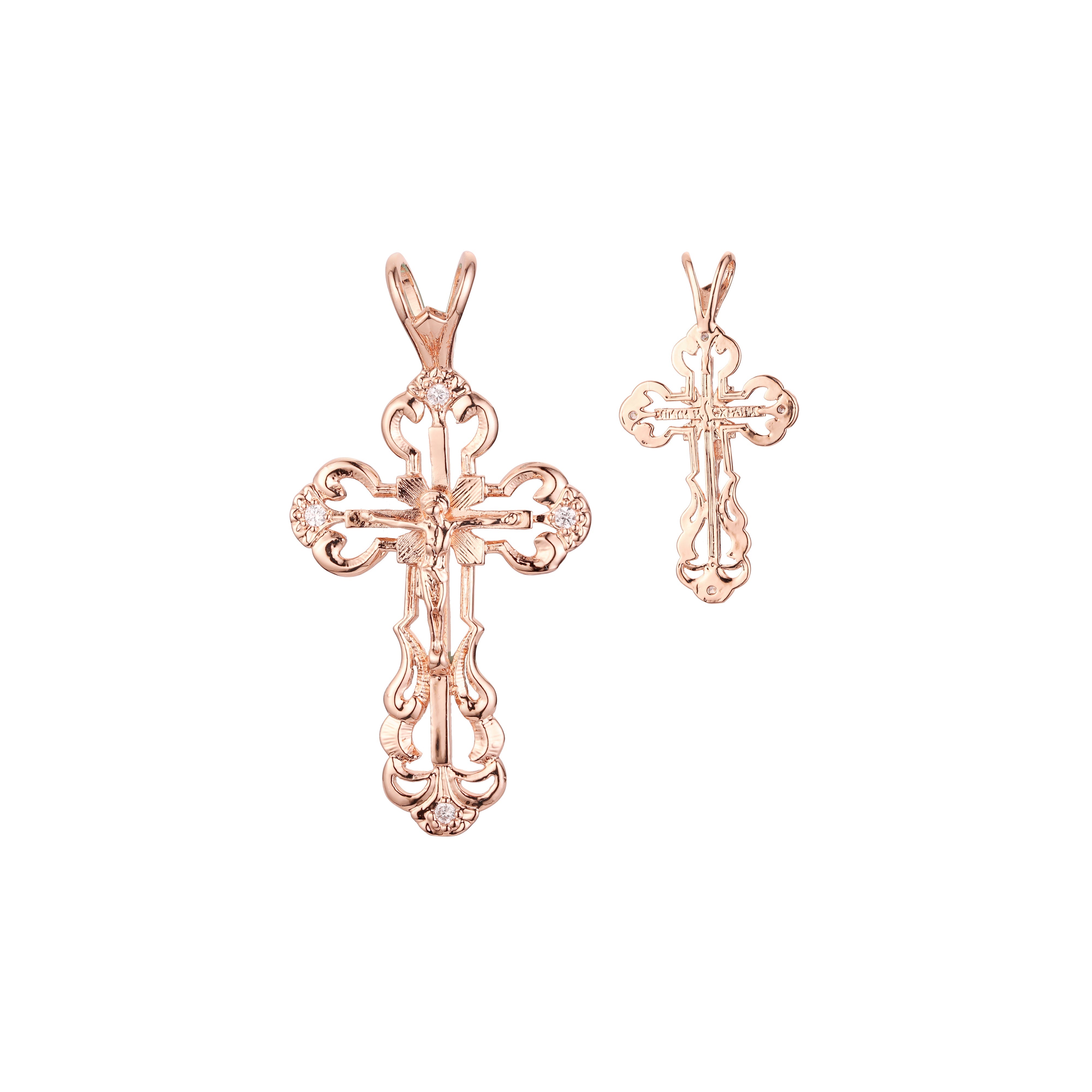 Rose Gold Russian Orthodox Crucifix Cross budded pendant