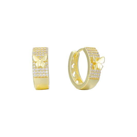 Paved white czs butterfly 14K Gold cluster huggie earrings