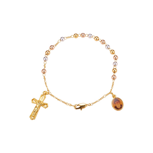 Saint Charbel Sharbel Makhlouf Monk 18K ゴールド スリートーン ロザリオ ブレスレット