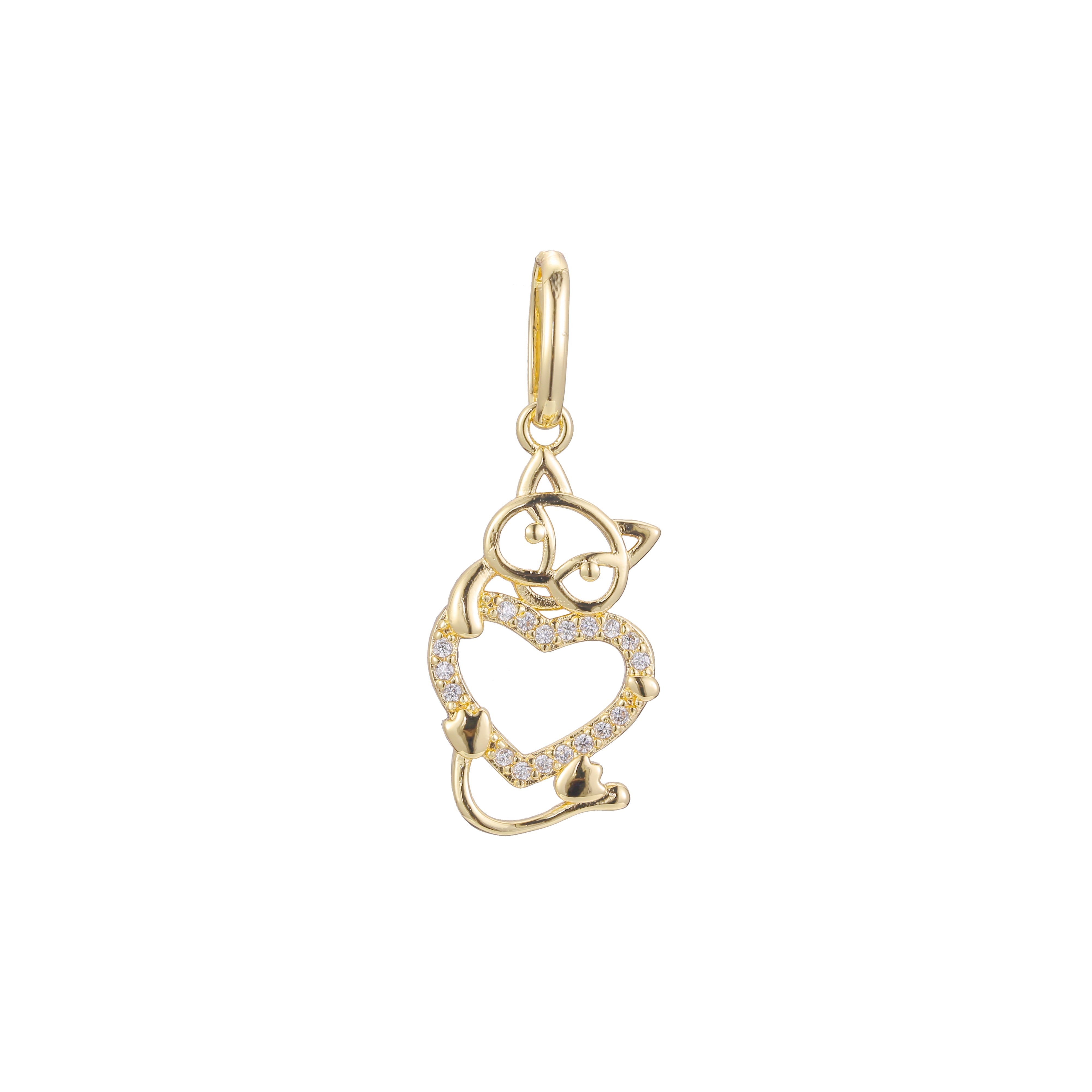 Cat holding heart animal pendant in 14K Gold, Rose Gold two tone plating colors