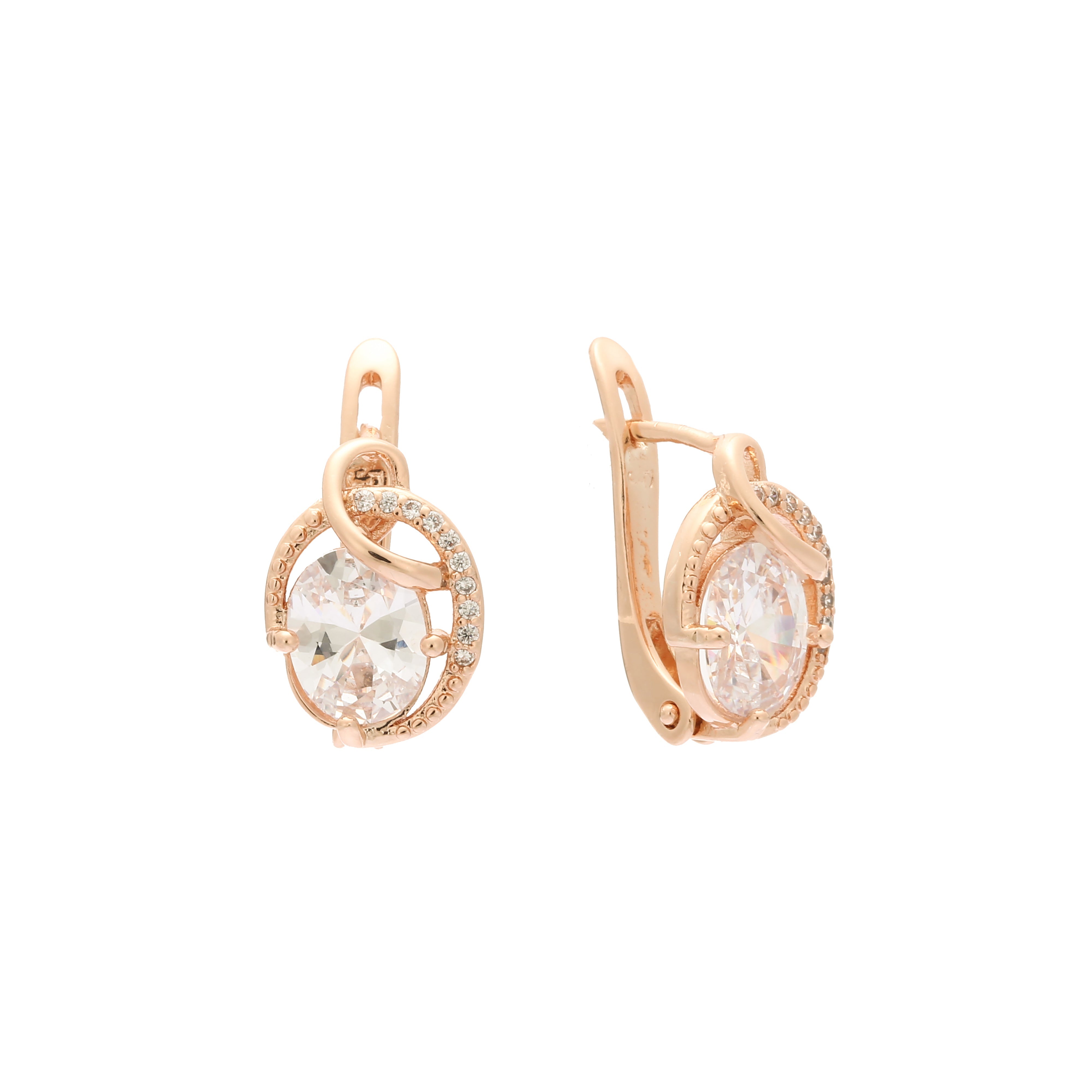 Ovale, mit weißen Zirkonia besetzte Solitär-Ohrringe aus Roségold mit bunten Zirkonia