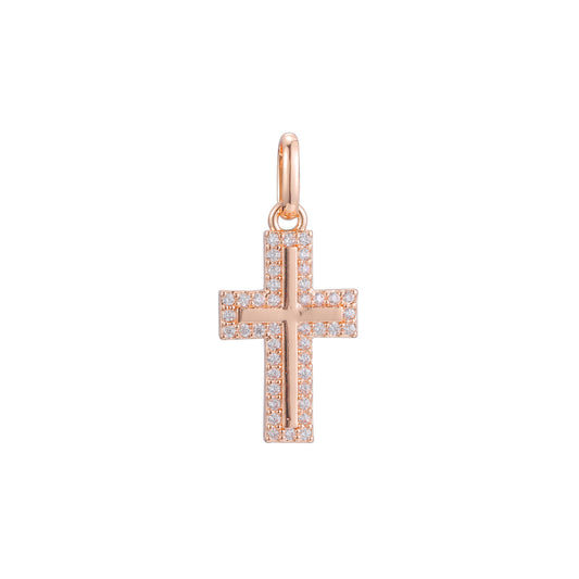 Pingente de cruz latina em ouro rosa de dois tons, cores banhadas a ouro 14K