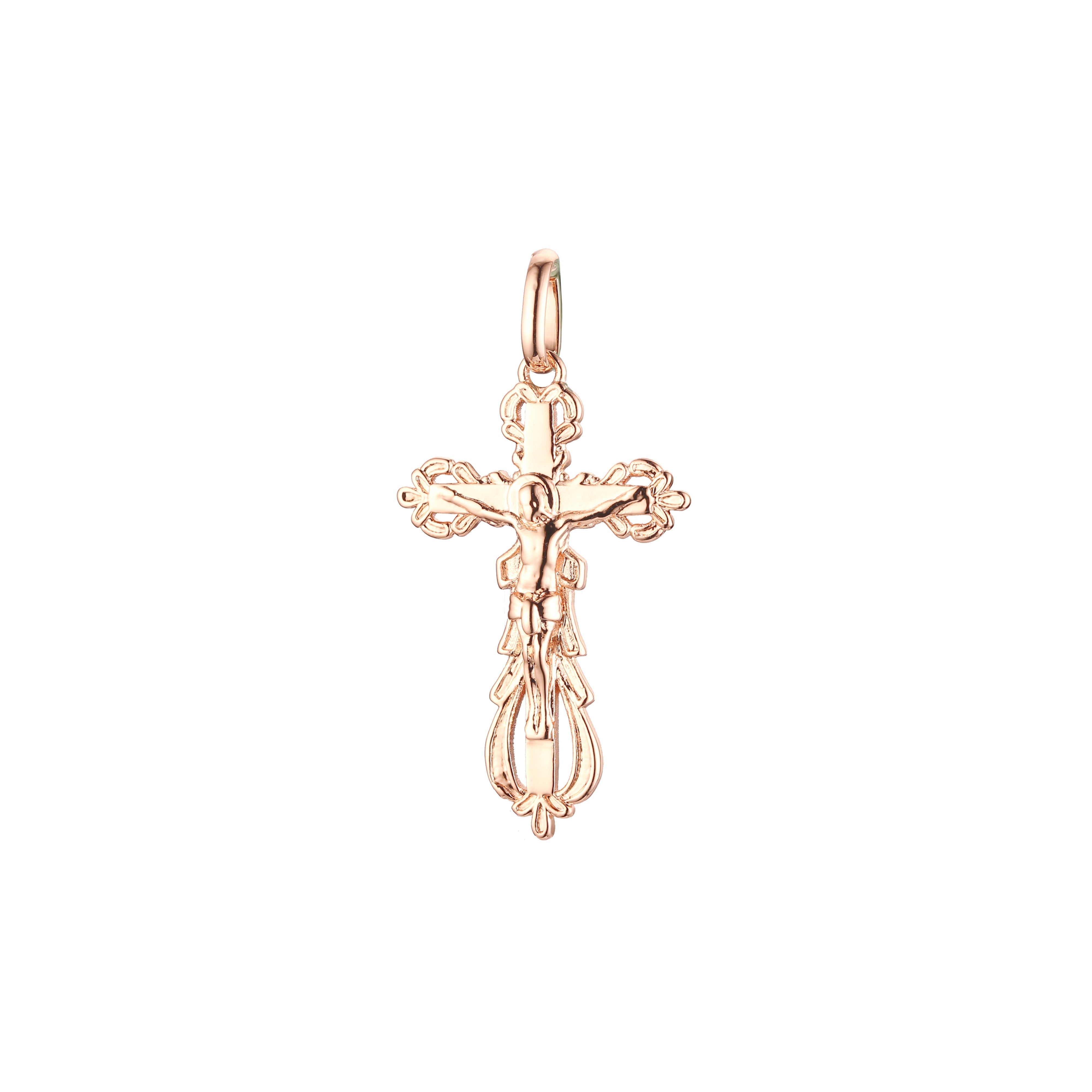 Pingente de cruz católica em ouro 14K, ouro rosa e ouro branco