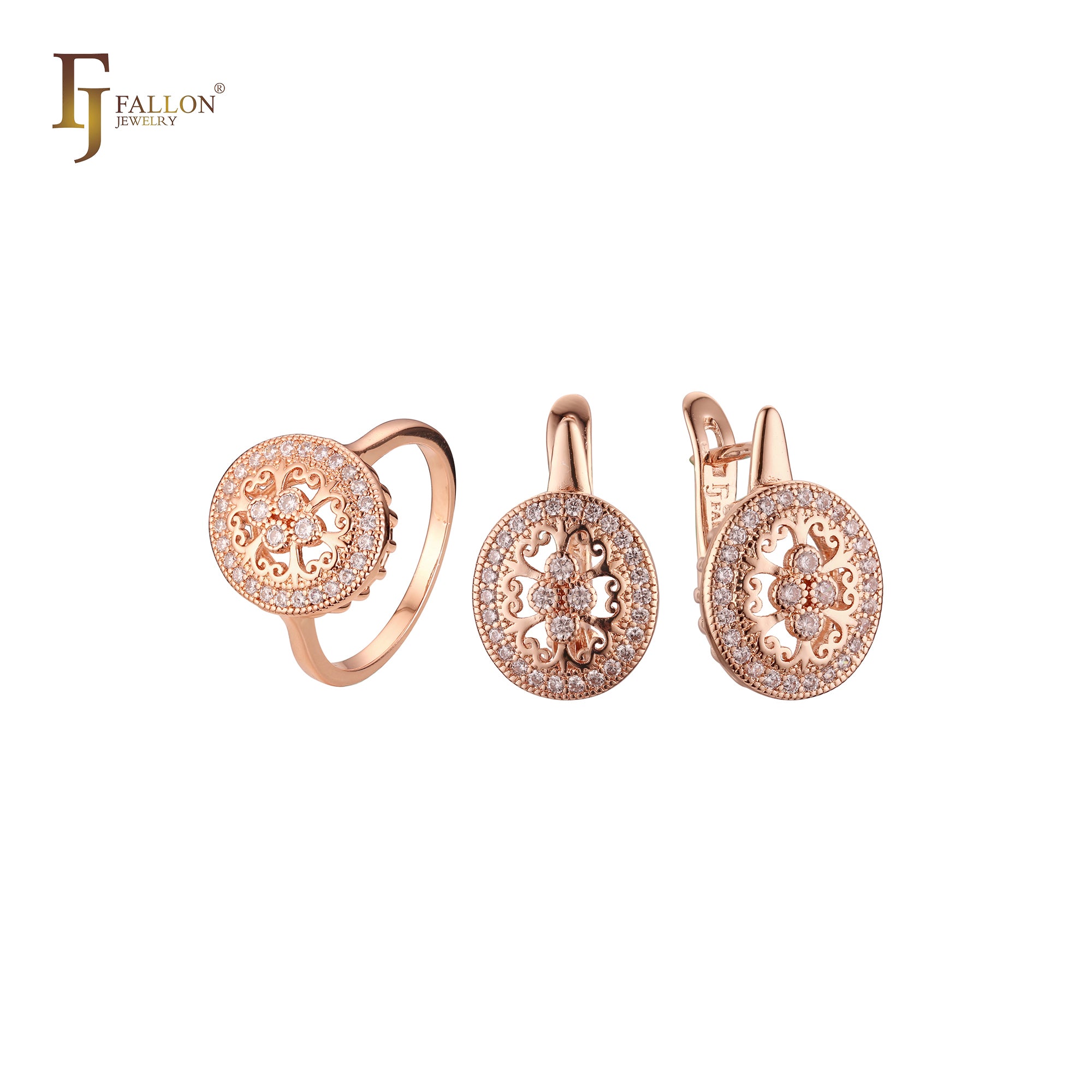 Conjunto de joias em ouro rosa com textura de filigrana CZs brancas com anéis