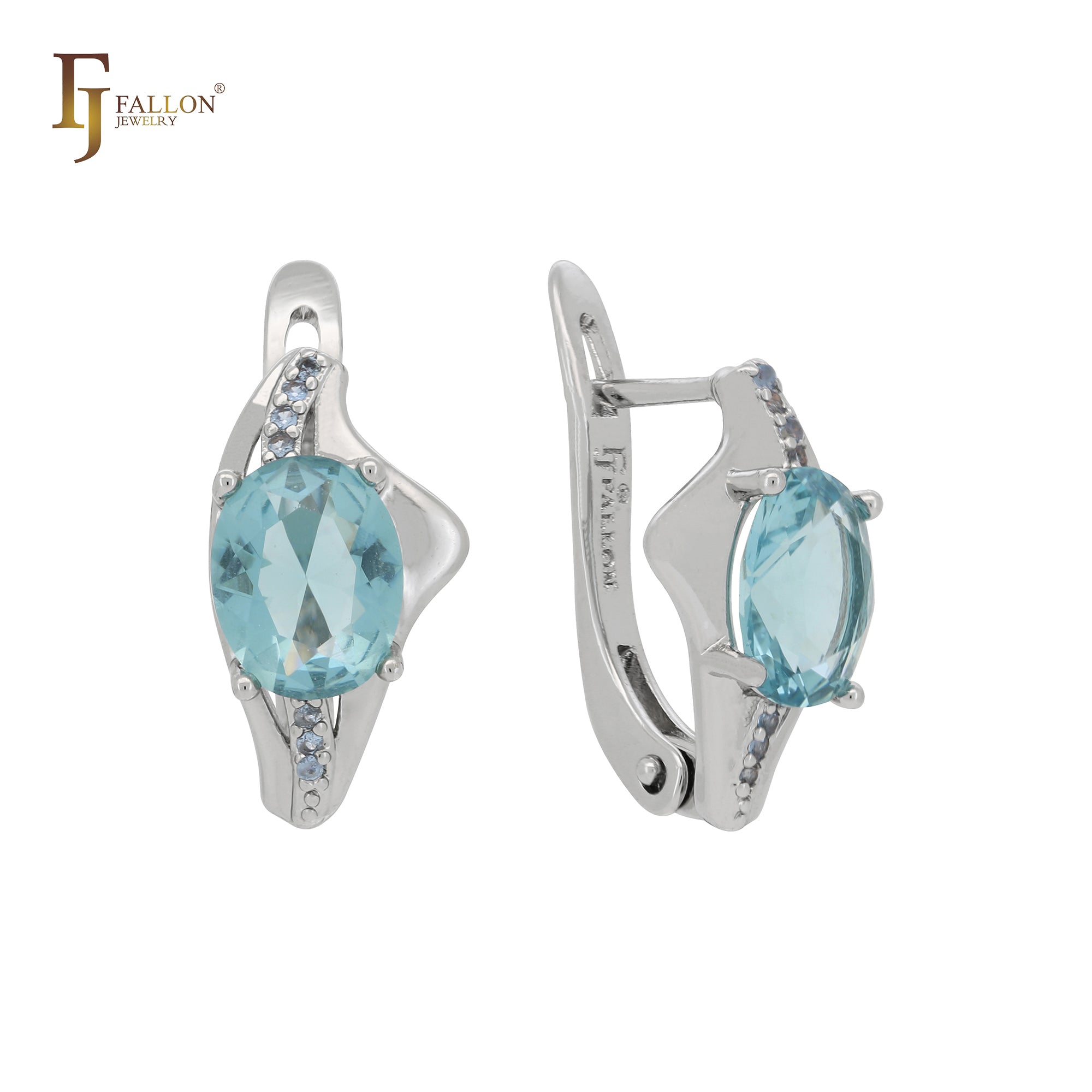 Brincos solitários de ouro 14K, ouro branco e zircônia cúbica azul lago