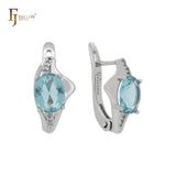 Brincos solitários de ouro 14K, ouro branco e zircônia cúbica azul lago