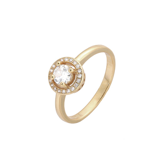 Anéis de halo pavimentados com zircônia cúbica em ouro 18K, cores banhadas a ouro 14K