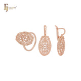 Filigran strukturiertes ovales Cluster weißer Zirkonia 14 Karat Gold Schmuckset mit Ringen
